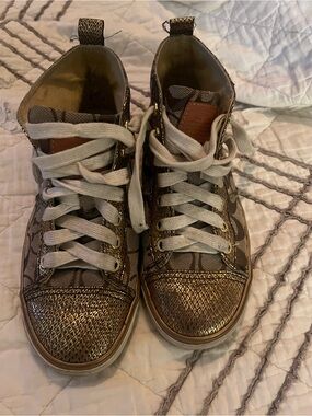 Coach Metallic Brown Signature Pattern High-Top Sneakers